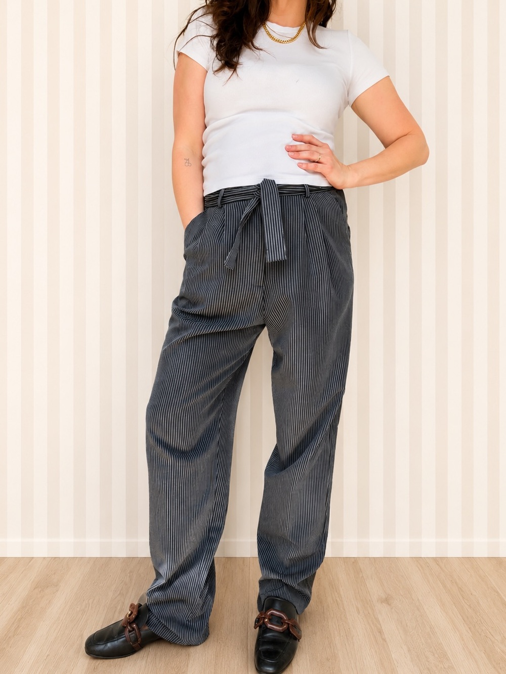 Black and White Pin Stripe Business Casual Trousers Rayon Large